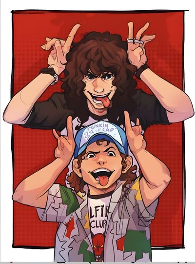 two people with their hands up in the air and one person making an obscene gesture Matching Stranger Things And Halloween Characters Stranger Things Tattoo, Stranger Things Art, Eddie Drawing Stranger Things, sienna