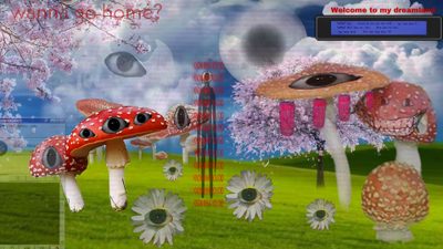 a computer screen with mushrooms and flowers in the foreground, an eyeball hovering above them Weirdcore Halloween Cool Keyboard, Weird Pc, Weirdcore Chromebook, Dream Core Pc, Mushroom Ipad, gray