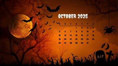 a calendar with bats flying in the night sky over a cemetery and graveyard at halloween October 2025 Calendar Halloween October, City Flowers, Computer Desktop, New Year, Winter Background, maroon