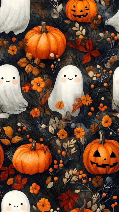 a group of halloween pumpkins and ghost faces on a black background with orange flowers Free Halloween Iphone Fall Spooky, Art Halloween, Ghost And Pumpkin, saddle brown