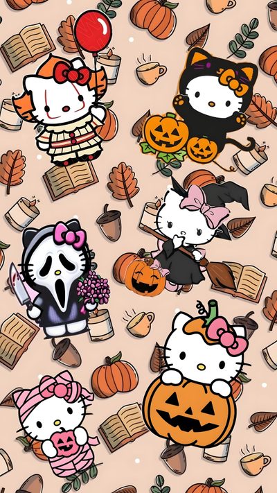 hello kitty halloween wallpaper with pumpkins and cats Iphone Cute Hello Kitty Halloween Hello Kitty Halloween, Halloween Iphone Backgrounds, Halloween Cute, light pink