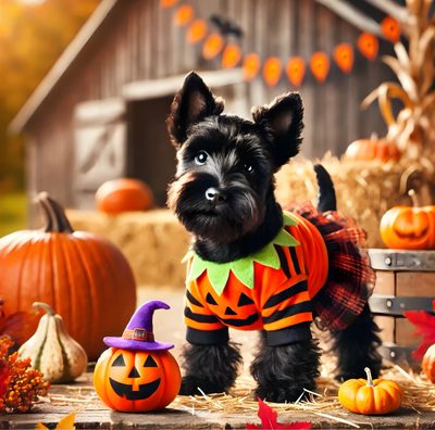 a small black dog wearing a pumpkin costume next to some pumpkins and hay bales Halloween Scottish Terrier Cute Halloween Dogs, Schnauzer Pumpkin, Schnauzer Fall Decor, sienna