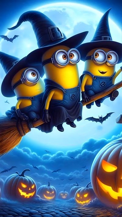 three minions sitting on top of a broom in front of a full moon with pumpkins Minions Halloween Minion Halloween Quotes, Minion Witch, Minions Halloween Background, steel blue