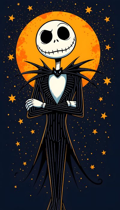 a skeleton in a tuxedo with stars around it's neck and arms Happy Halloween Jack Skellington Halloween Jack Skellington, Nightmare Before Christmas Jack, Jake Skellington, black