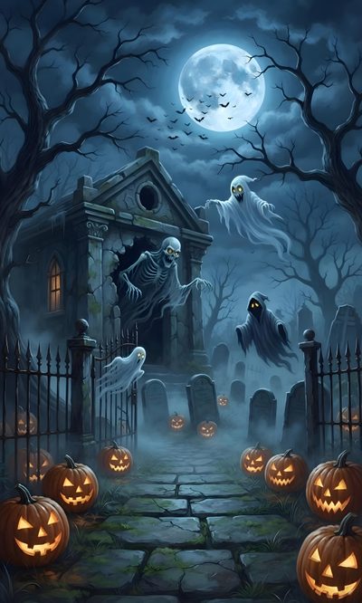 a halloween scene with pumpkins and ghost Halloween Village Ideas Spooky Halloween Pictures, Gothic Landscape, Black And White Cartoon, dark slate gray