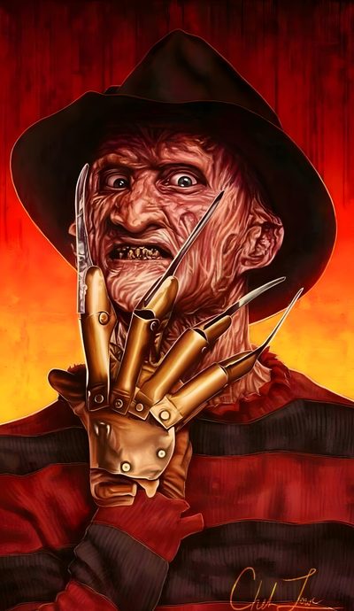 a painting of an old man wearing a hat and holding two knives in his hand Halloween Freddy Kruger Freddy Krueger With Dreads, Freddy Krueger Pictures, Freddy Vs Jason Images, maroon