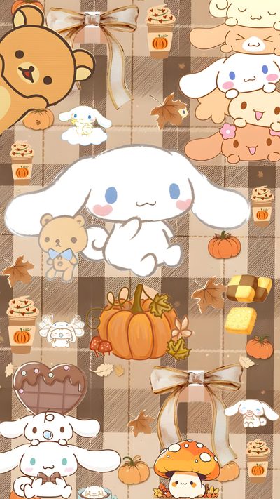 some cute little animals and pumpkins on a checkered background Cinnamon Roll Halloween Hello Kitty Halloween, Free Printable Planner Stickers Kawaii, Iphone Boho, burlywood