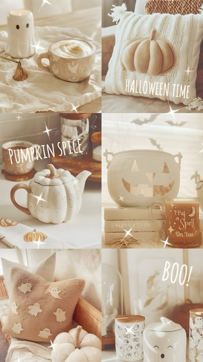 there are pictures of pumpkins and other items on the shelf in this collage Aesthetic Beige Halloween Dia De Los Muertos, Autumn Fall Halloween, Halloween, White Autumn, tan