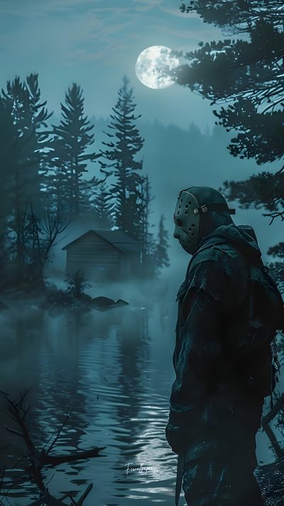 a person standing in front of a body of water at night with a mask on Jason Halloween Jason Voorhees Iphone, Friday The 13th Tattoo, Jason Voorhes, dark slate gray