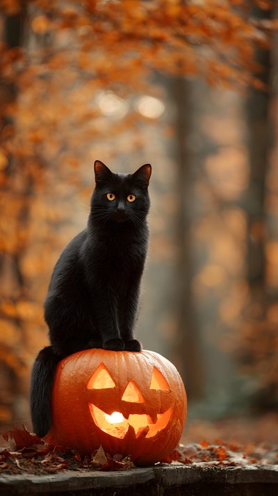 Charming Halloween scene featuring a black cat perched on a glowing jack-o’-lantern. A cozy and whimsical autumn image perfect for seasonal decor, spooky mood boards, and festive inspiration. Happy Halloween Quotes, Vibes Art, Halloween Cats, Black Cat Halloween Wallpaper, Black Cat Autumn Background, Halloween Aesthetics, Halloween Wallpaper Cute, Halloween Black Cat Halloween Wallpaper, Halloween Scene Halloween Black Cat Halloween Happy Halloween Quotes, Vibes Art, Halloween Cats, saddle brown