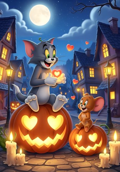 a cartoon cat sitting on top of a pumpkin in front of a house with candles Tom And Jerry Halloween Tom And Jerry Pictures, Scary Photos, Disney Toms, Tom And Jerry Cartoon, dim gray