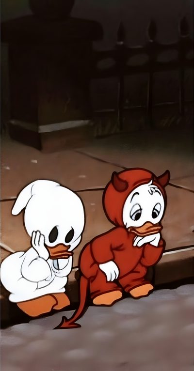 two cartoon characters are sitting on the ground Halloween 2023 Halloween Iphone, Edgy, Halloween, Disney Mignon, Retro, Disney, saddle brown