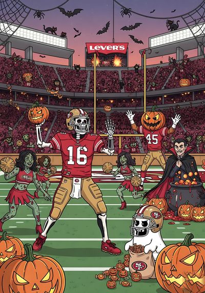 a football player with pumpkins on the field Halloween Nfl Art 49ers Art, 49ers Art, 49ers Retro, 49ers Halloween Logo, Nfl Halloween, dim gray