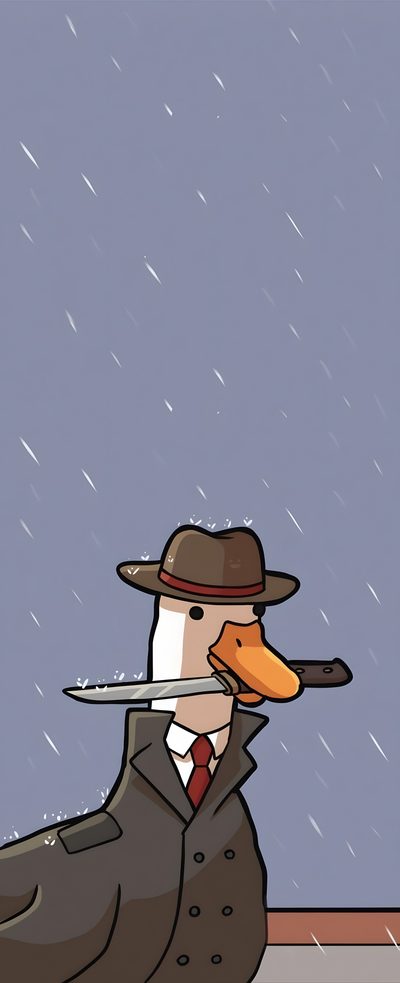 a bird with a knife in its mouth and a man wearing a hat on his head Halloween Duck Memes For A, Cool Meme Backgrounds, Memes For Your, Detective Duck, Duck Art, light slate gray