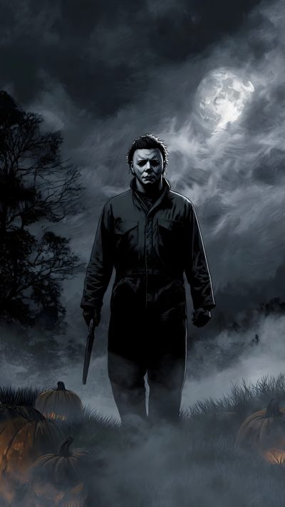 a man with a knife standing in front of a field full of pumpkins at night Halloween Iphone Michael Myers Michael Myers Scary, Michael Myers Art, Scary Michael Myers, dark slate gray