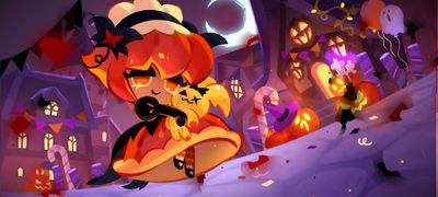 an animated halloween scene with pumpkins and jack - o'- lanternes in the background Cookie Run Kingdom Halloween Witch Cookie, Pumpkin Pie Cookies, Hazelnut Cookies, Halloween Ball, brown