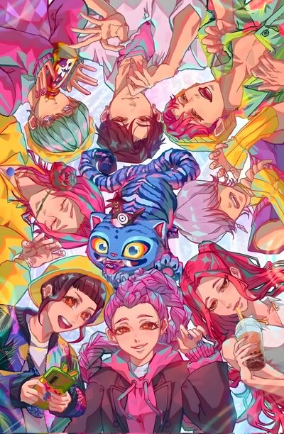 some anime characters are standing together with their hands in the air and one is holding a drink Kpdh Halloween Kpdh Fan Art, Ensemble Characters, Hunters And Saja Boys, Huntrix Aesthetic, rosy brown