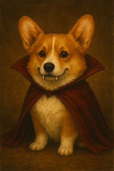 a painting of a corgi dog wearing a red cape and smiling for the camera Corgi Halloween Corgi Art, Demon Corgi, Corgi Illustration, Dog Wall Decor, Halloween Corgi Cartoon, maroon