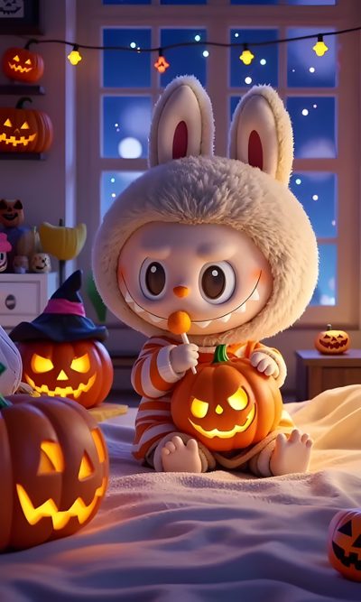 a little bunny sitting on top of a bed next to jack - o'- lanterns Halloween Labubu Labubu Cute, Labubu Pumpkin Painting, Labubu Halloween Costume, dim gray