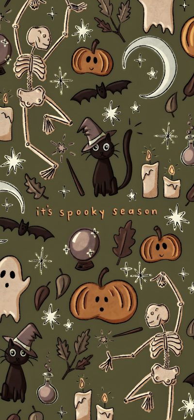 an image of halloween seamless pattern with skeletons and pumpkins on green background that says it's spooky season Halloween Green Aesthetic Ipad Halloween, Iphone Halloween Aesthetic, Halloween Iphone Aesthetic,