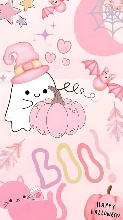 a pink background with an image of a cat and pumpkin Cute Halloween Squishmallow Cute Halloween Aesthetic Pink, Cute Pink Halloween Iphone, Pink Cute Girly Halloween, misty rose