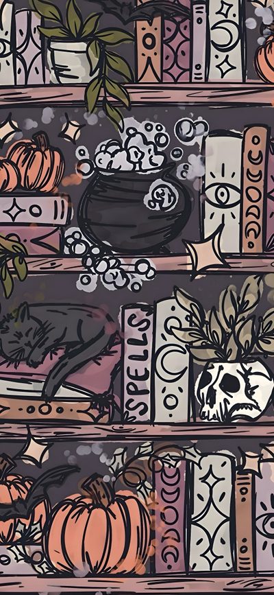 an image of a shelf full of books with skulls and pumpkins on it's shelves Halloween Vertical Halloween Witchy, Halloween Phone Dark, Boox, Witch, Fall Witchy, dark slate gray