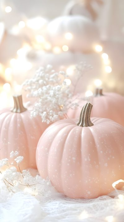three pink pumpkins with baby's breath flowers on them sitting in front of some lights Halloween Peach October, Phone Pink, November, Pink Pumpkins Background, Pastel Pumpkins, light gray