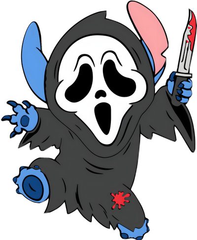 a cartoon character with a knife in his hand and wearing a grimy costume on Stitch Halloween Ghostface Selena And Taylor, Disney Canvas Paintings, Stitch Quote, Halloween Cute, white
