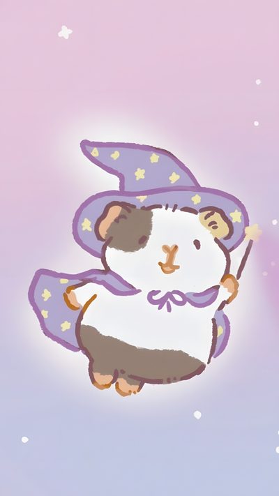 a cartoon hamster with a purple hat and stars on it's head is flying through the air Halloween Guinea Pig Halloween Guinea Pig Drawing, Guinea Pig With Crown, Guinea Pigs, thistle
