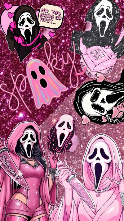 three women in pink dresses with ghost faces on their heads and one woman holding a knife Pink Halloween Ghostface Halloween Iphone, Halloween Cartoons, Cute Images For, Iphone Stills, indian red