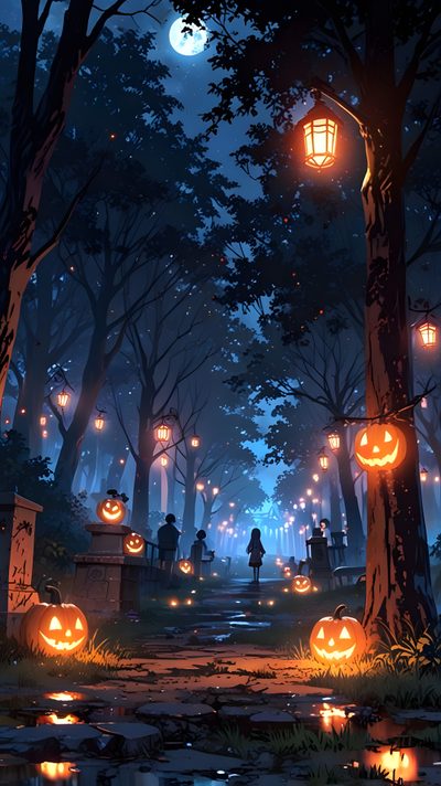 an image of a halloween scene with pumpkins in the trees and people walking around Japan Halloween Japan Halloween, Halloween Night Background Aesthetic, Halloween Street Background, dark slate gray