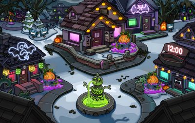 an image of a cartoon town with halloween decorations Club Penguin Halloween Club Penguin Halloween, Town Club Penguin, Club Penguin Halloween Igloo, dark slate gray