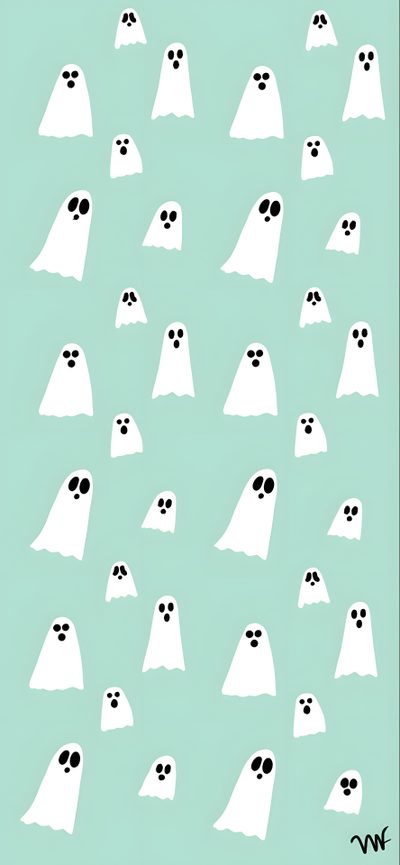 a group of white ghost heads with black eyes and noses on them, against a light green background Halloween - Ghost Mood - Aqua Teal Halloween, Blue And Gray Ghost Pattern, Cute Green Ghost,