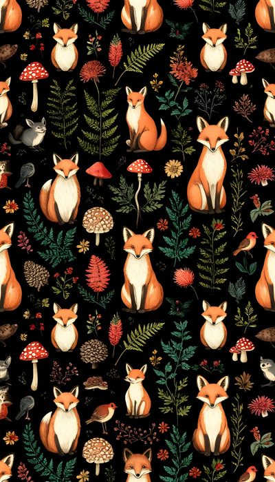 a black background with foxes and mushrooms Halloween Forest Animals Floral Vine, Nursery, Wiccan, Vines, Bonito, Baby Nursery, black