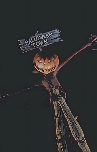 a scarecrow with a jack - o'- lantern on his head is standing in front of a sign that says halloween town Thisis Halloween Aesthetic Halloween Town Nightmare Before Xmas, Nightmare Before Christmas Halloween Town, A Nightmare Before Christmas, dark slate gray