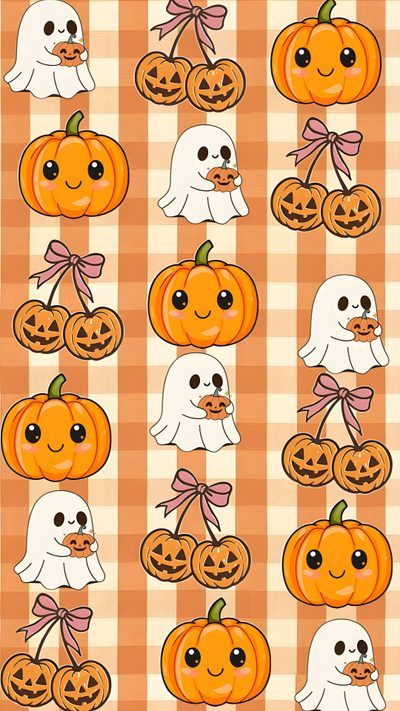 halloween pumpkins and ghostes on a checkered tablecloth Halloween Custom By Tinydesigns Summer Themed, Iphone Boho, Halloween Cute, Holiday, Halloween, sandy brown