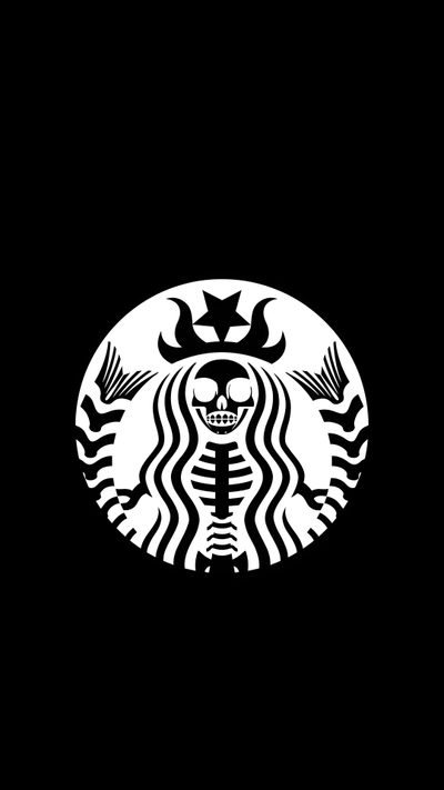 the starbucks logo is black and white with a skull on it's chest, in front of a dark background Halloween Starbucks Starbucks Skeleton, Starbucks Logo Black, Black And White Starbucks Logo,