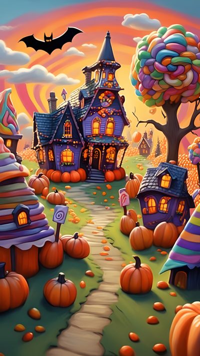 a halloween scene with pumpkins and houses Halloween Candy House Thanksgiving Backgrounds, Halloween Candy House, Halloween Village Ideas, sienna