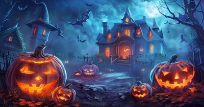 halloween pumpkins on the ground in front of a house with bats flying around it Halloween High Definition Village Backdrop, Black Ghost, Photo Halloween, Image Halloween, dark slate gray