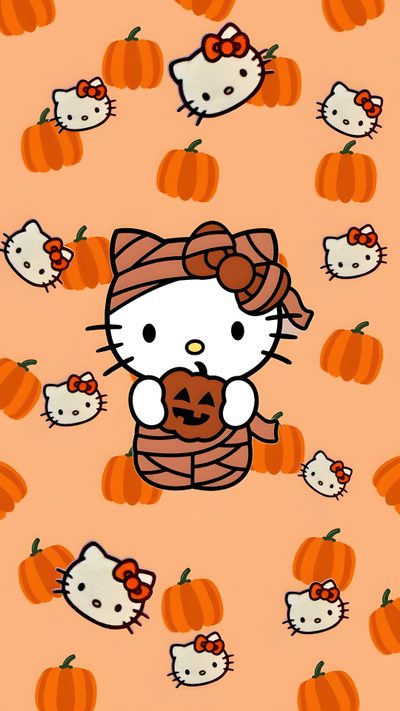 an image of hello kitty and pumpkins Halloween Hello Kitty Fall Cute Halloween Phone, Halloween Hello Kitty Design, Halloween Party Decoration Ideas, light salmon