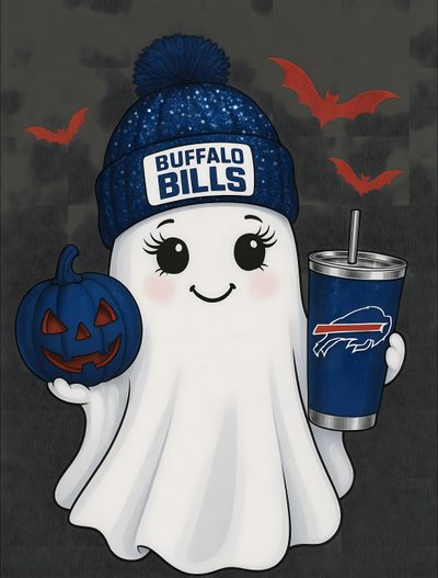 a white ghost holding a drink and wearing a blue buffalo bills knitted hat with the buffalo bills logo on it Buffalo Bills Halloween Buffalo Bills Halloween, Buffalo Bills, Buffalo Bills Aesthetic, dark slate gray