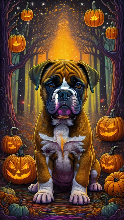 a brown and white dog sitting in front of pumpkins Halloween Boxer Dog Boxer Dog Halloween Illustration, Halloween Boxer Dog Skeleton, Cute Dog Halloween, dark olive green