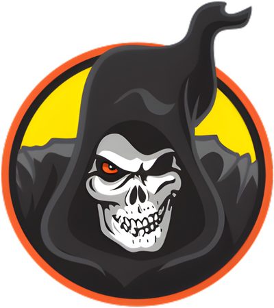 a skull wearing a hood with yellow eyes Spirit Halloween Animatronic Skull, Halloween Grim Face, Monster High Logos Skulls, dark olive green