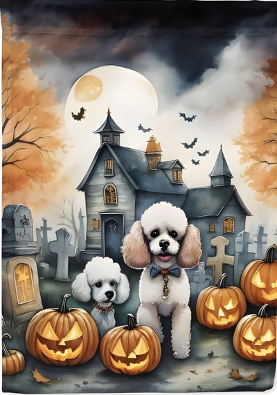 two poodles are standing in front of pumpkins and a house with bats Halloween Poodle Vampire Poodle, Halloween Border Terrier, Chihuahua Halloween Background, gray