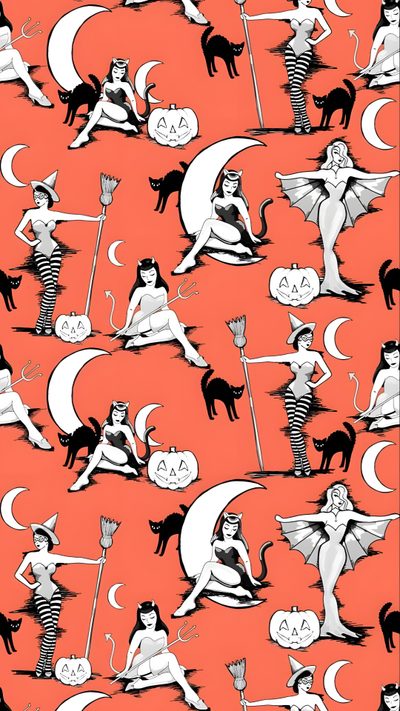 an orange background with black and white images of witches, cats, and pumpkins Pinup Halloween Retro Halloween Iphone, Retro Spooky, Retro Halloween, Halloween Retro, coral