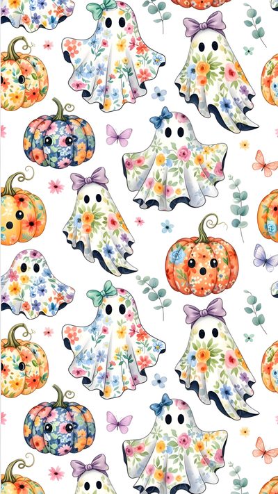 a white background with colorful pumpkins and flowers Halloween Floral Custom Festive Fall & Halloween Pattern, Colorful Ghost Fabric Patterns, Halloween Floral Pattern Fabric, linen