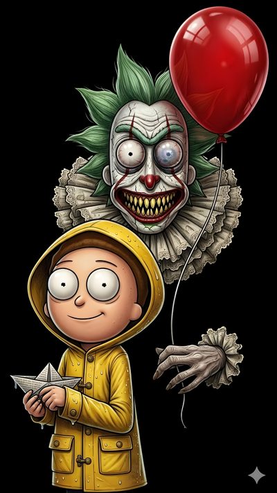 a cartoon character holding a red balloon Rick And Morty Halloween Image Rick Et Morty, Joker Rick And Morty, Rick And Morty Halloween, black