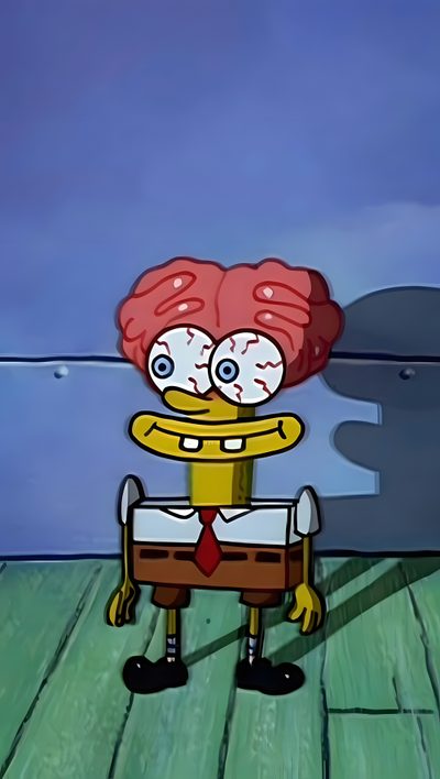 a cartoon character with red hair standing on a wooden floor in front of a wall Halloween Spongebob Spongebob Gehirn, Cartoon Network Halloween, Random Spongebob Characters, steel blue