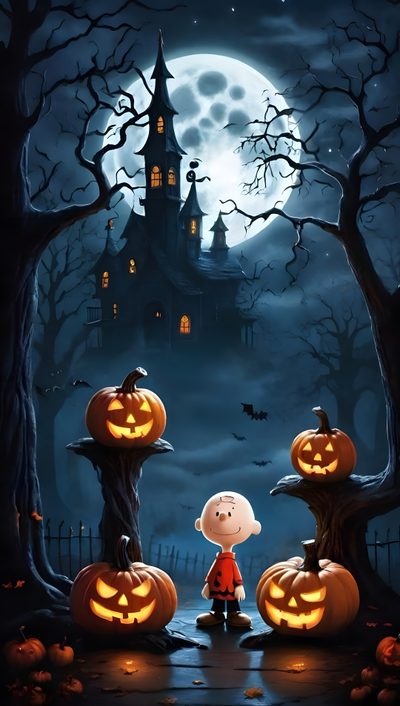 peanuts and jack - o'- lantern pumpkins in front of a full moon Peanuts Halloween With Pumpkins Charlie Brown Cartoon, Autumn Phone, Spooky Castles, dark slate gray