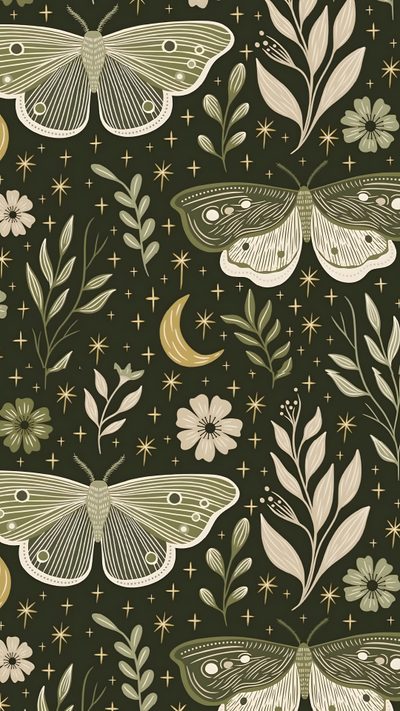a pattern with butterflies and flowers on a dark green background, suitable for wallpaper or fabric Halloween Moth Green Moth Pattern, Moth Art Illustration, Witchy Pattern Design, Moth Art, dark slate gray